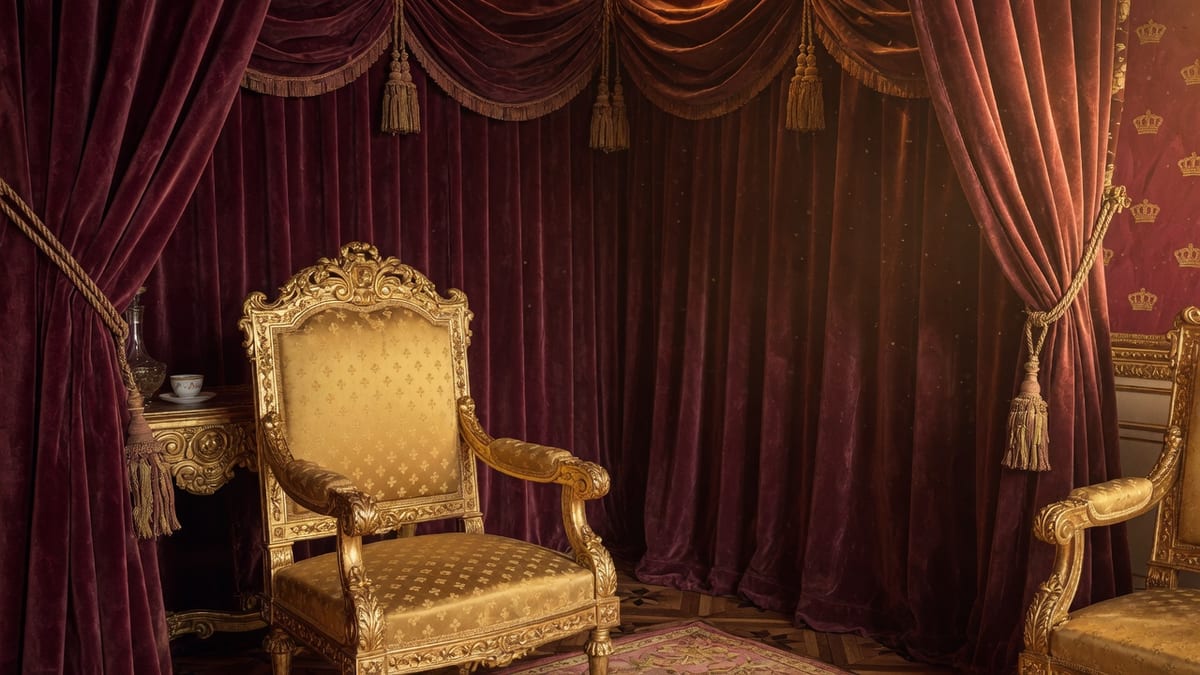 Statige lounge met bordeauxrood fluwelen gordijn en een gouden stoel