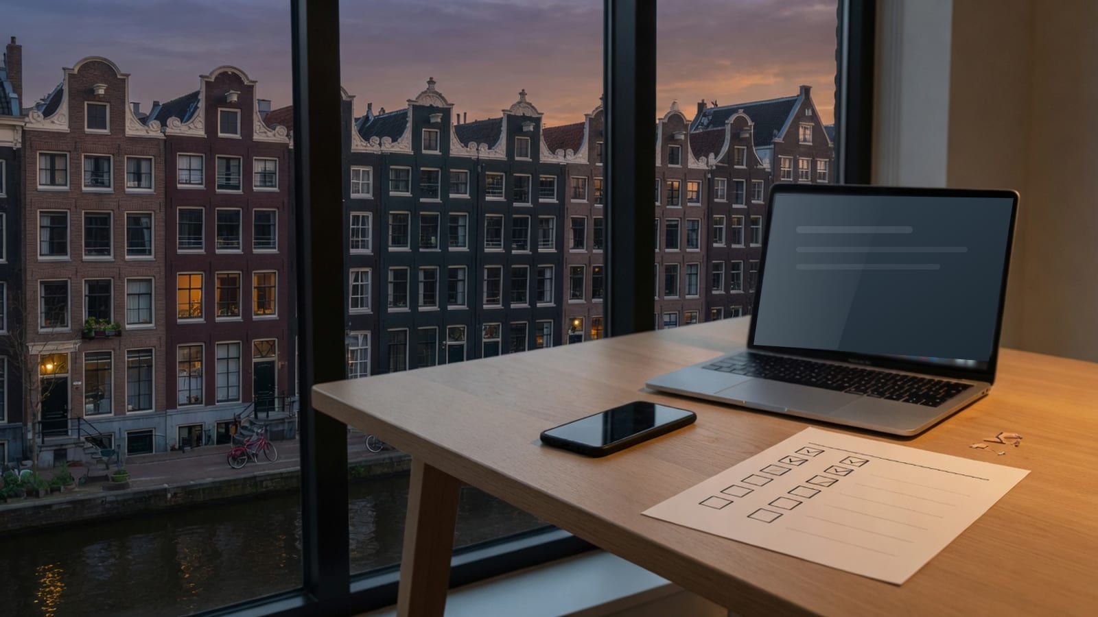 Laptop, telefoon en een checklist op een houten bureau, met uitzicht op Amsterdamse grachtenpanden bij schemering